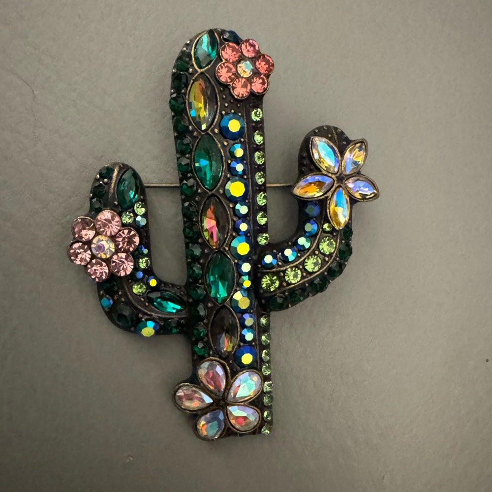 Cactus Brooch with Pink and Green Rhinestones, Lapel Pin
